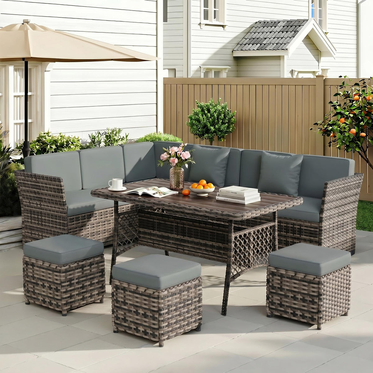 LOUVIXA 7 Pieces Patio Furniture Set, Outdoor Patio Furniture, Wicker Conversation Set with Dining Table, Chairs and Ottoman (6237 Grey-Brown)