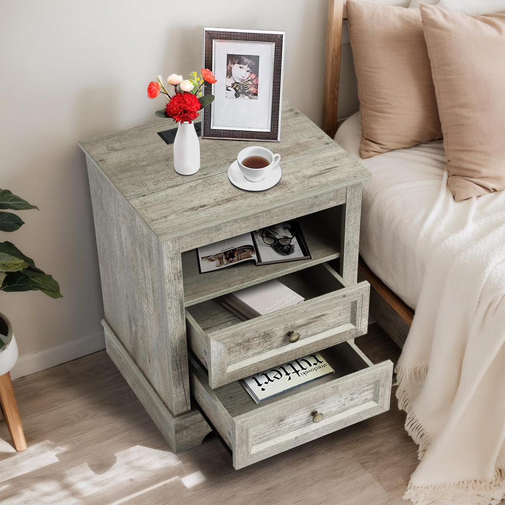 LOUVIXA Nightstand with Charging Station, Farmhouse Night Stand with 2 Drawers, Bedside Cabinet for Bedroom, End Table Side Table with Storage (1, White)