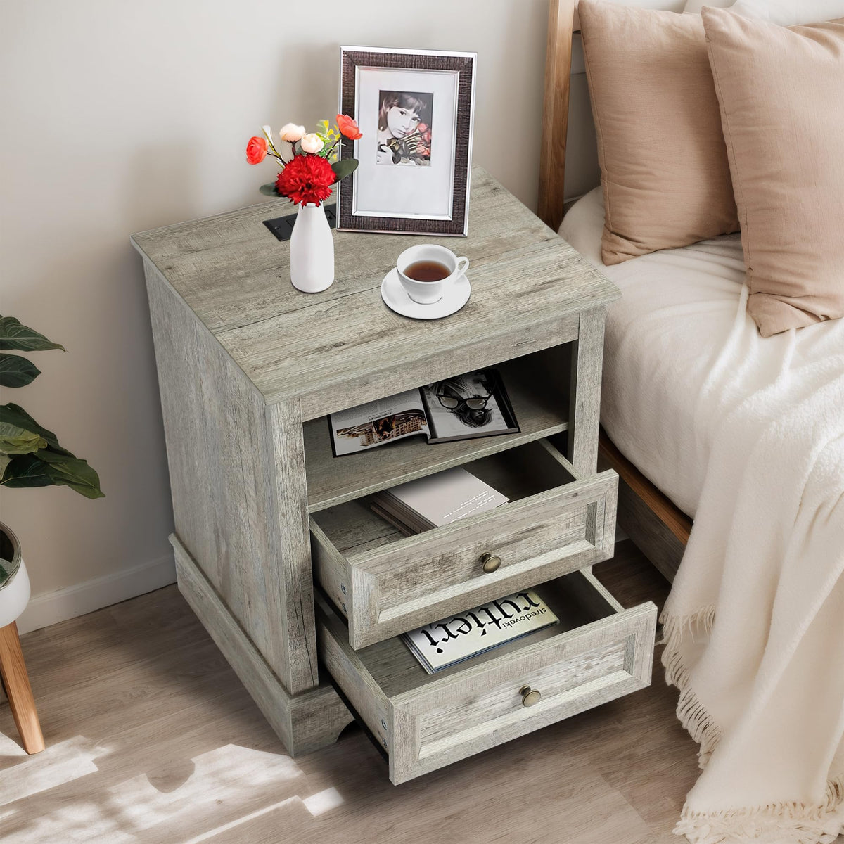 LOUVIXA Nightstand with Charging Station, Farmhouse Night Stand with 2 Drawers, Bedside Cabinet for Bedroom, End Table Side Table with Storage (1, White)