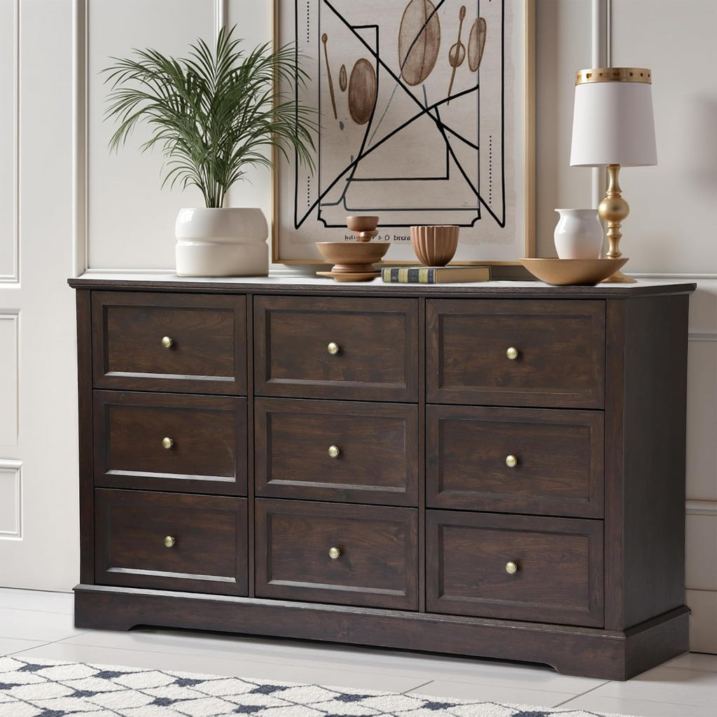 LOUVIXA Farmhouse Bedroom Sets of 3, Including 9 Drawer Dresser, Nightstand Set of 2 with Charging Station (Brown Sets, 3 Pieces-9 Drawer Dresser+2 Nightstand)