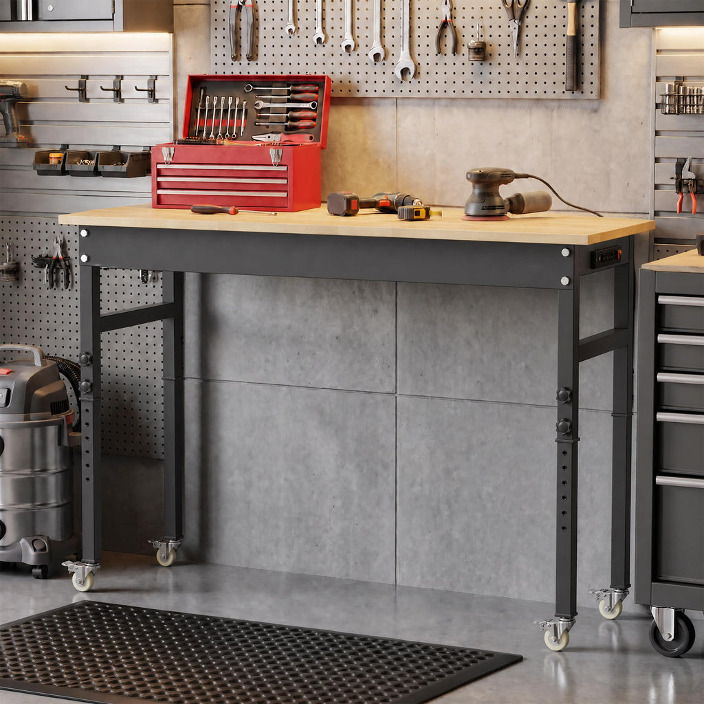 94.5" Heavy Duty Workbench, Height Adjustable Garage Work Table, Workstation Desk with Power Strip2, Workbench with Pegboard, 2000LBS Max Load