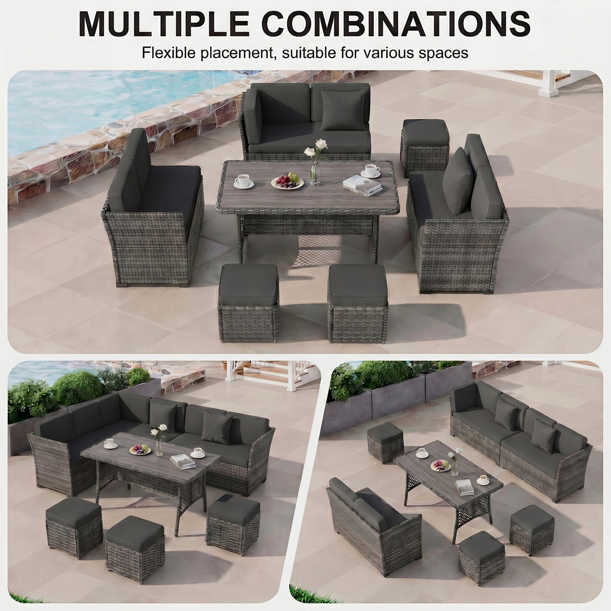 LOUVIXA 7 Pieces Patio Furniture Set, Outdoor Patio Furniture, Wicker Conversation Set with Dining Table, Chairs and Ottoman (6237 Grey-Brown)
