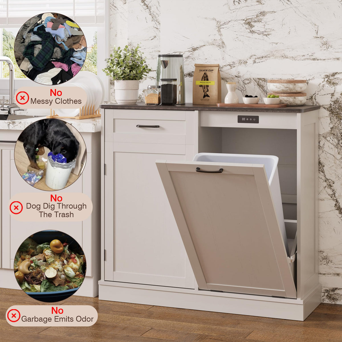 LOUVIXA Double Tilt Out Trash Cabinet, Kitchen Island with Trash Storage, Trashcan Cabinet for Kitchens, Wood Cabinet with Trash Can Pull Out, Dog Proof Trash Can (Off White, 20 Gal)