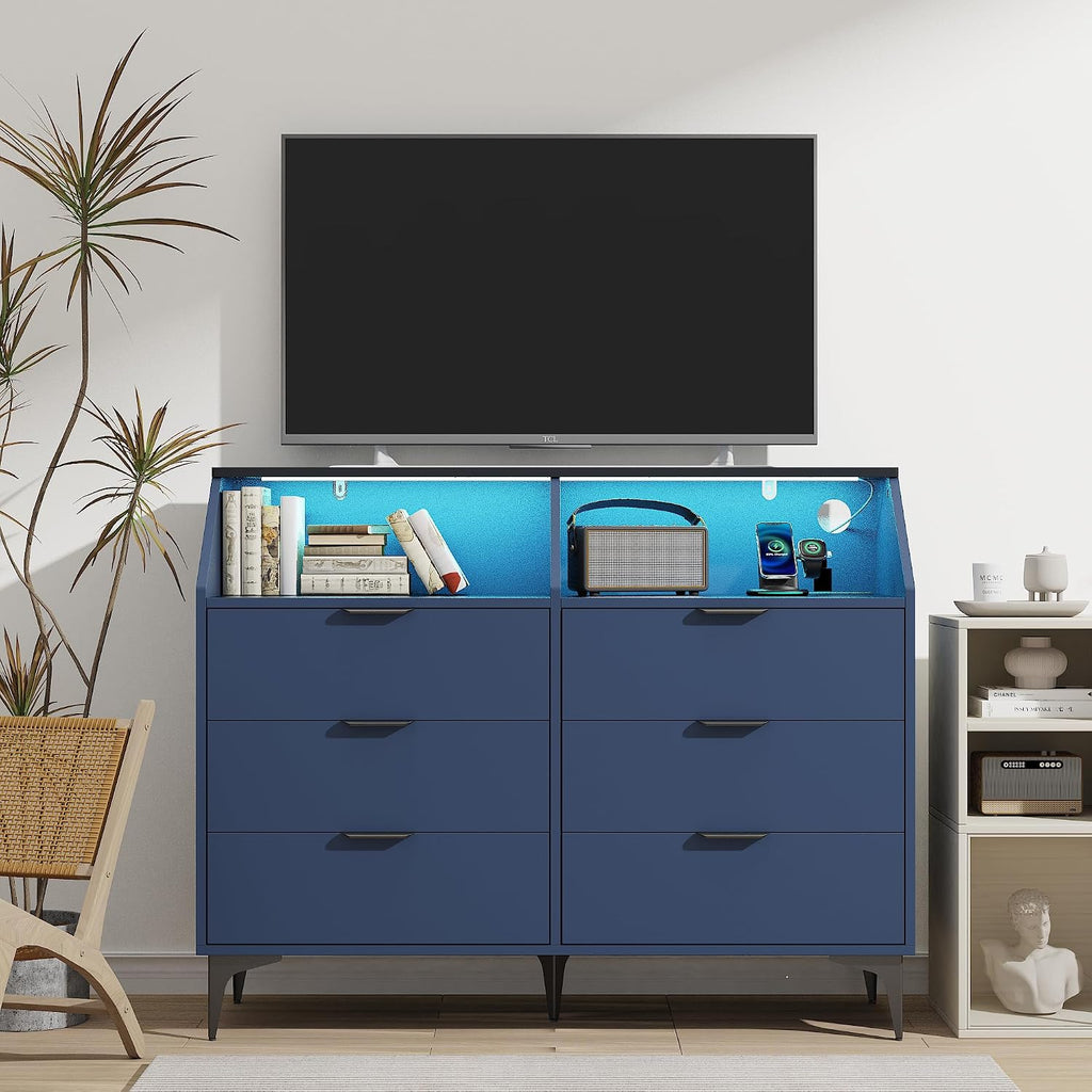 LOUVIXA 6 Drawer Dresser with LED Light, Chest of Drawers with Charging Station, Large Double Dressers, Wooden Dressers for Bedroom, Living Room, Entryway, Hallway (Blue)