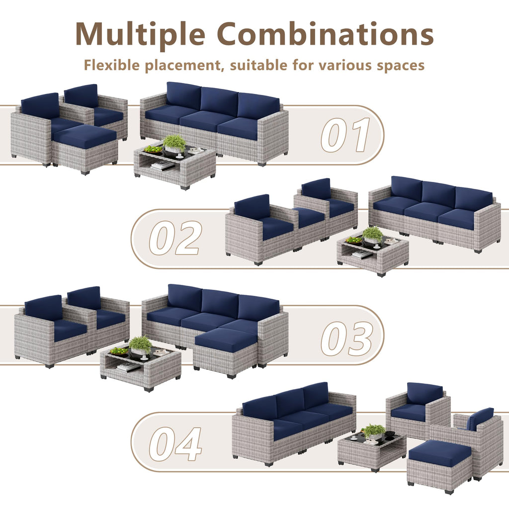 LOUVIXA 7 Piece Outdoor Patio Furniture Set, Rattan Chairs Glass Table Wicker Conversation Seating Sectional Sofa with Cushions (Brown-Camel, 7Pcs-2 Layer Coffee Table)