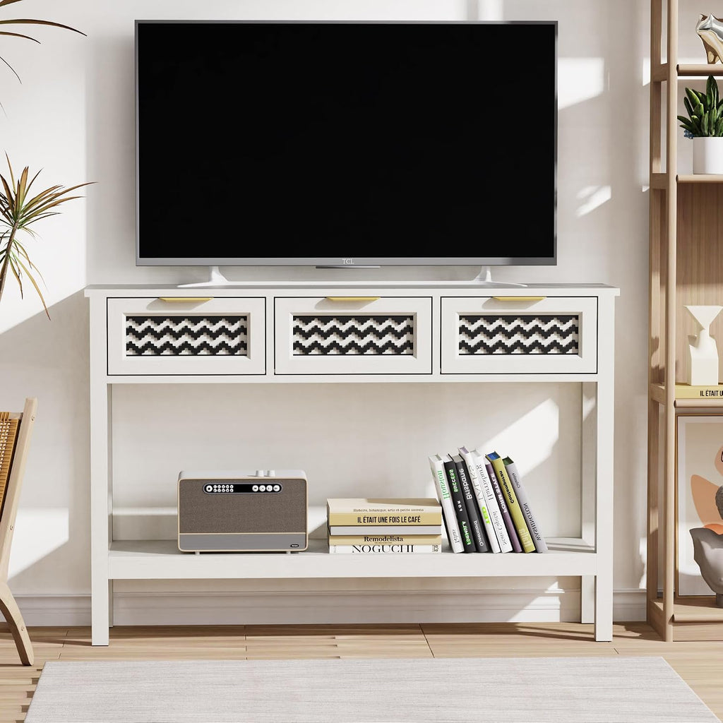 LOUVIXA Boho Entryway Table, Rattan Console Table, Wood Entryway Console, Long Hallway Table with 3 Drawers & Open Shelf for Living Room, Hallway, Corridor, Foyer (White)