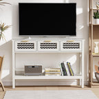 LOUVIXA Boho Entryway Table, Rattan Console Table, Wood Entryway Console, Long Hallway Table with 3 Drawers & Open Shelf for Living Room, Hallway, Corridor, Foyer (White)