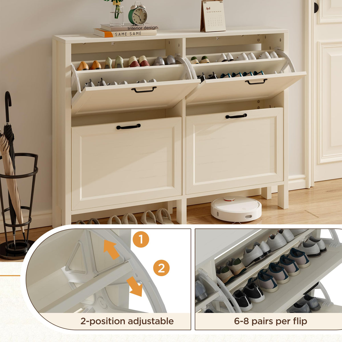LOUVIXA Shoe Cabinet with 4 Flip Drawers, Narrow Shoe Storage Cabinet, Freestanding Shoe Cabinet Organizer, Hidden Shoe Rack Cabinet for Entryway, Hallway (4-Drawers, Brown/4-drawers)