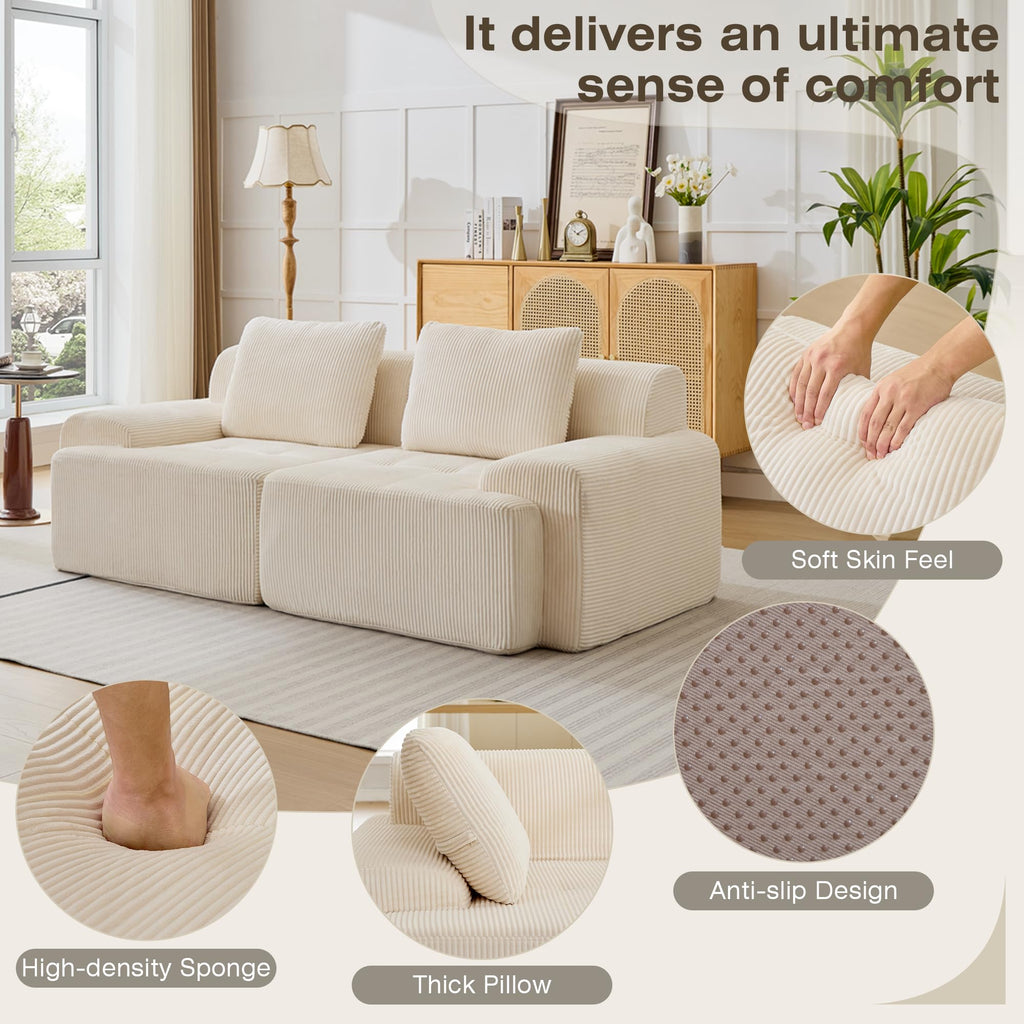 Modular Sectional Sofa, Boneless Couches for Living Room, Corduroy Couch, Big Comfy Couch, Modular Cloud Sofa with Deep Seat (Grey, 2 Pieces-Loveseat)