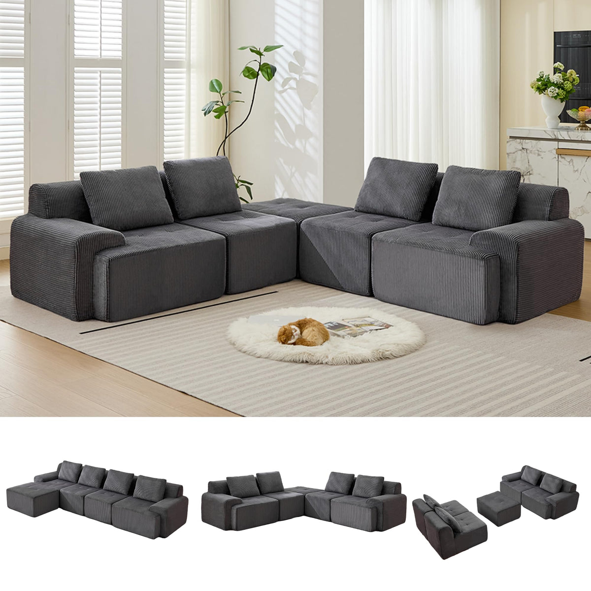 Modular Sectional Sofa, Boneless Couches for Living Room, Corduroy Couch, Big Comfy Couch, Modular Cloud Sofa with Deep Seat (Grey, 2 Pieces-Loveseat)