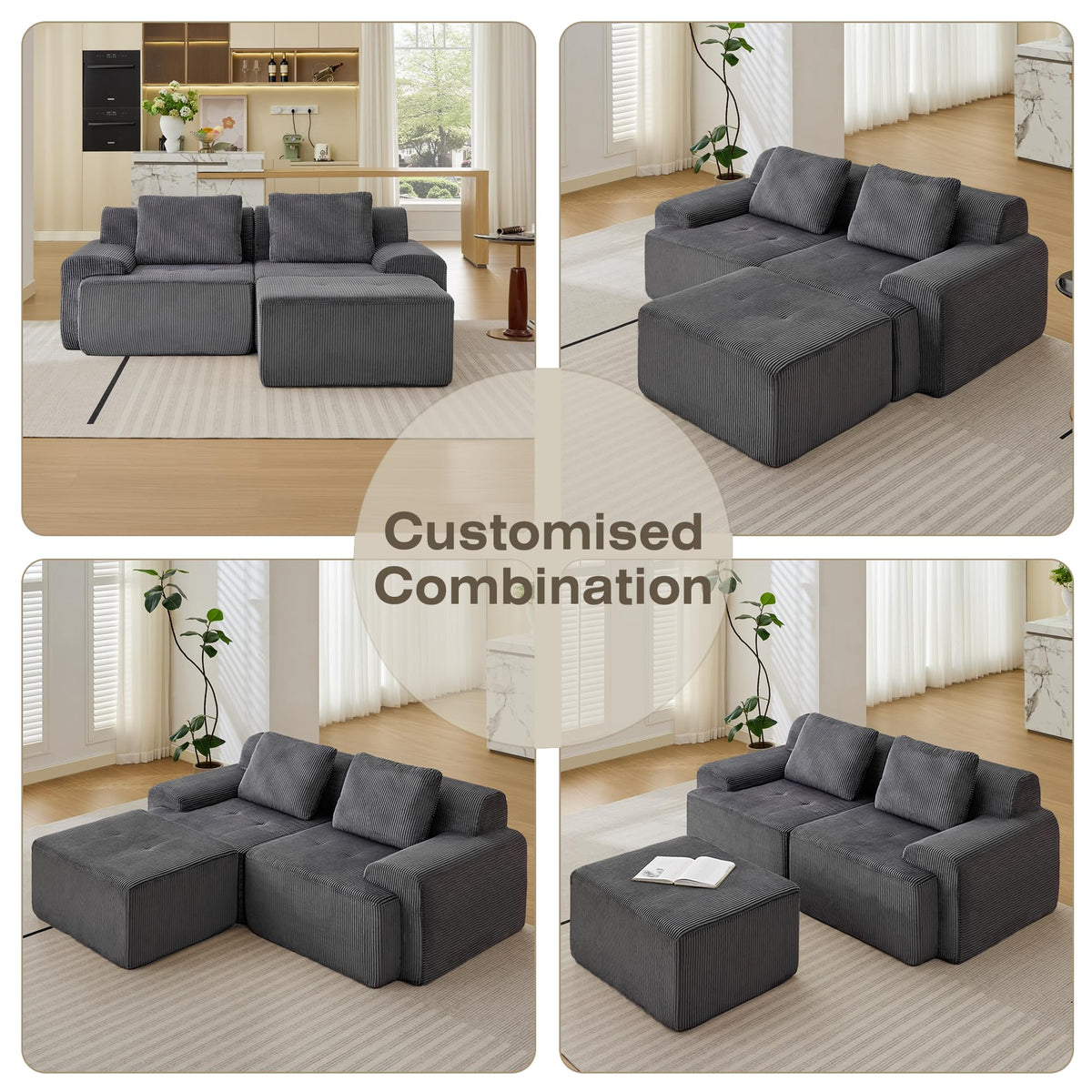 Modular Sectional Sofa, Boneless Couches for Living Room, Corduroy Couch, Big Comfy Couch, Modular Cloud Sofa with Deep Seat (Grey, 2 Pieces-Loveseat)