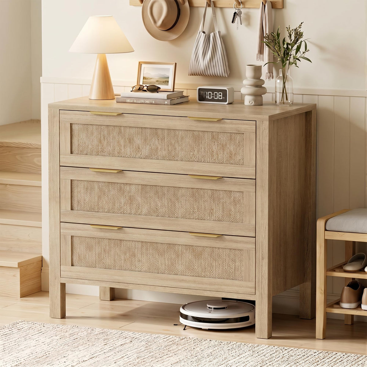 LOUVIXA Rattan Chest of Dressers, Wooden Drawer Dresser, 9 Drawers Rattan Dresser for Bedroom, Living Room, Hallway (Black, 9 Drawers)