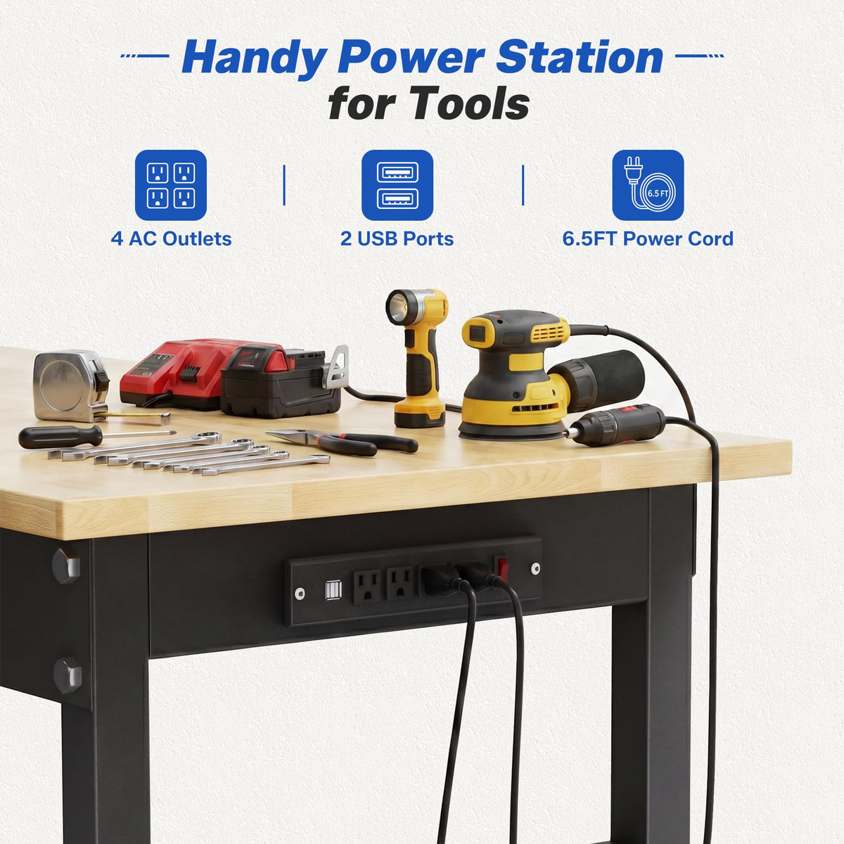 94.5" Heavy Duty Workbench, Height Adjustable Garage Work Table, Workstation Desk with Power Strip2, Workbench with Pegboard, 2000LBS Max Load