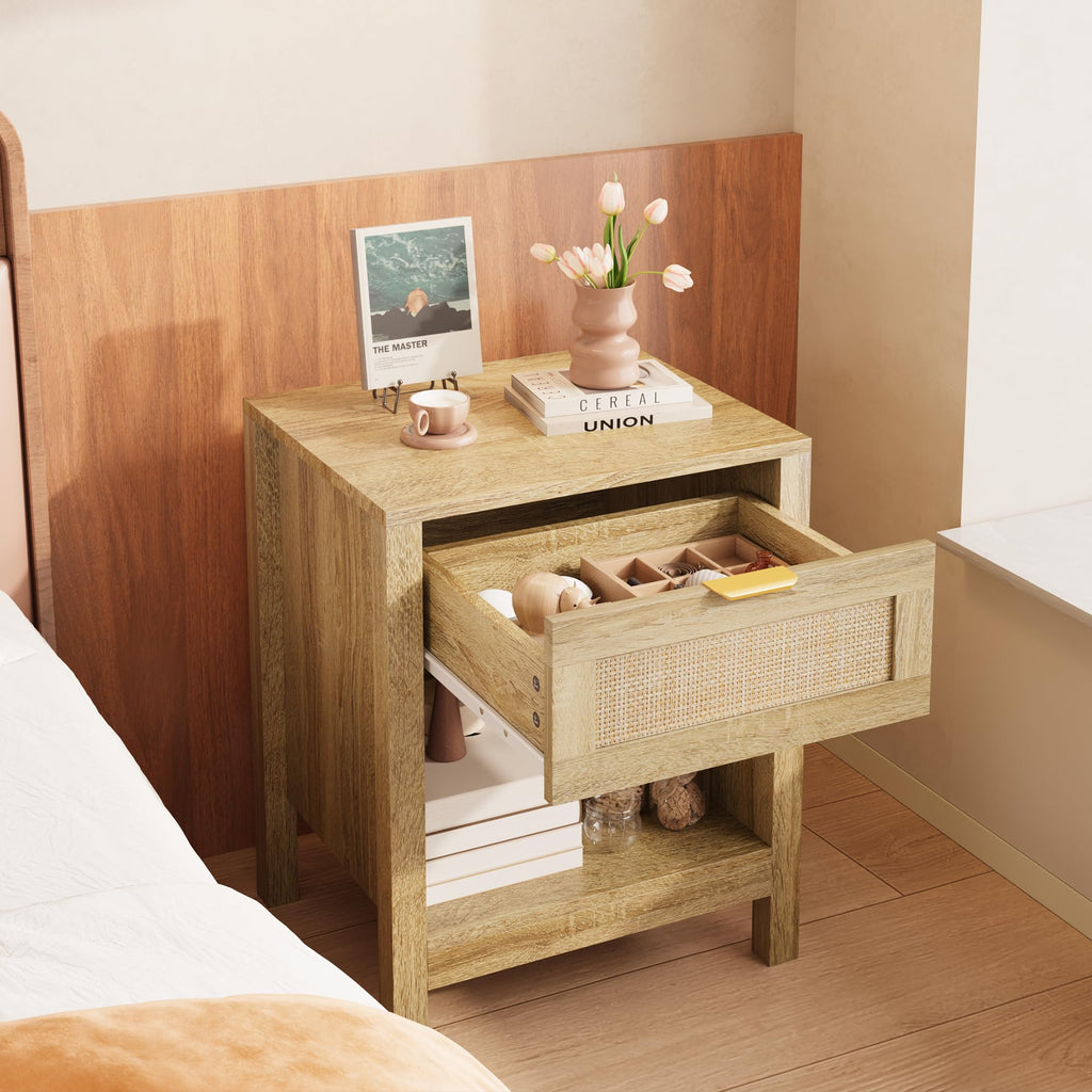 LOUVIXA Rattan Nightstand Set of 2, Boho Bed Side Tables, Nightstand with Drawer and Storage Shelf, Rattan End Tables for Living Room, Bedroom, Small Space