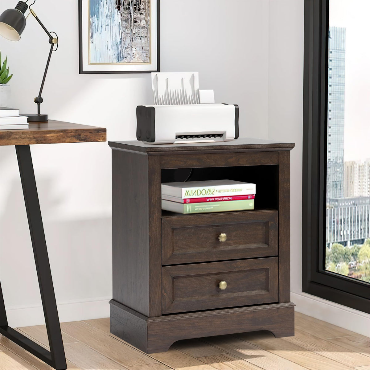 LOUVIXA Nightstand with Charging Station, Farmhouse Night Stand with 2 Drawers, Bedside Cabinet for Bedroom, End Table Side Table with Storage (1, White)