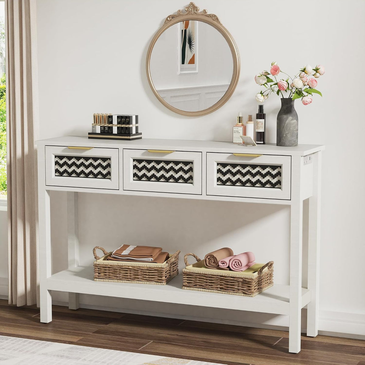 LOUVIXA Boho Entryway Table, Rattan Console Table, Wood Entryway Console, Long Hallway Table with 3 Drawers & Open Shelf for Living Room, Hallway, Corridor, Foyer (White)