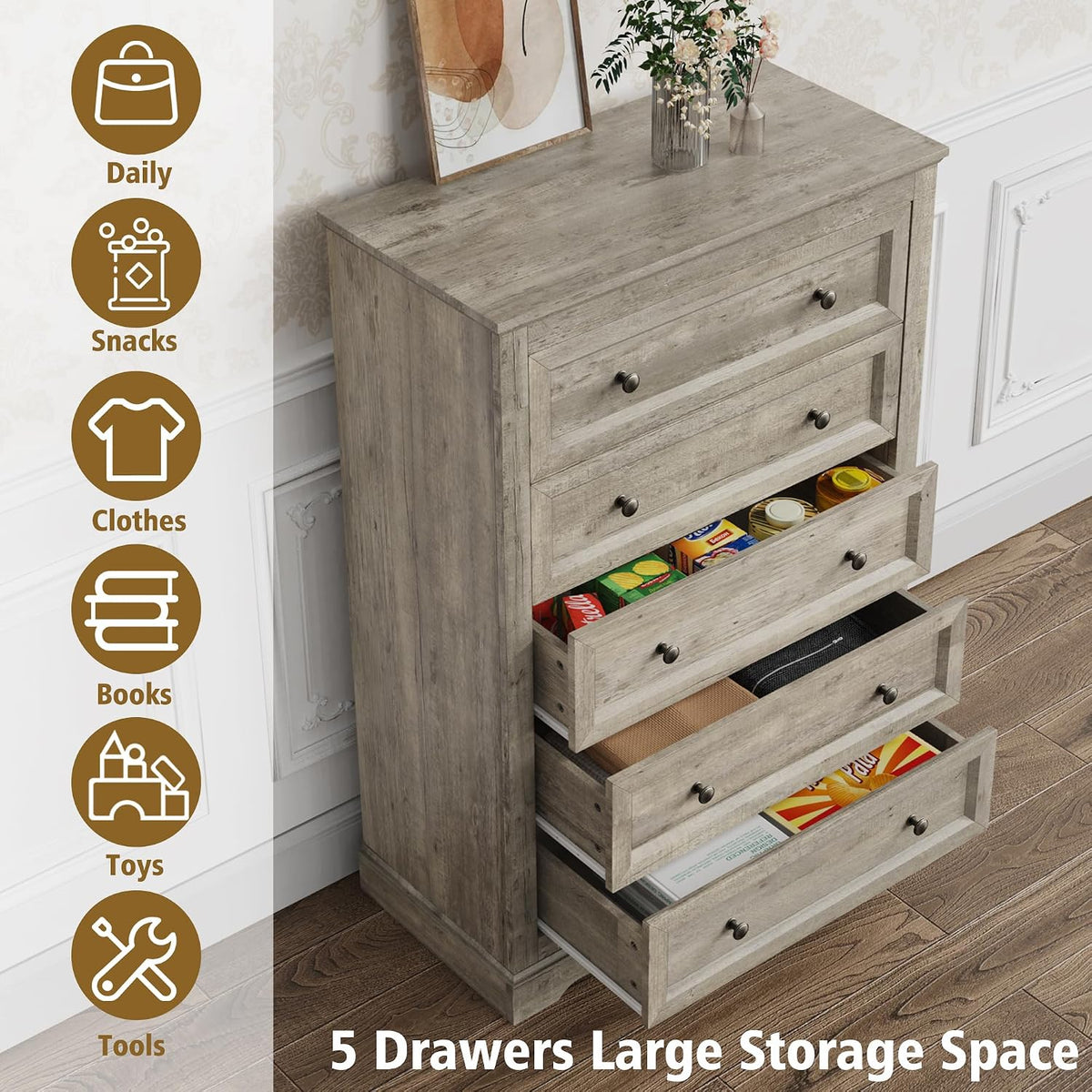 LOUVIXA Farmhouse Bedroom Sets of 3, 3Pcs Farmhouse Dresser Set, Including 5 Drawer Dressers and Nightstand Set of 2 with Charging Station (Grey Sets