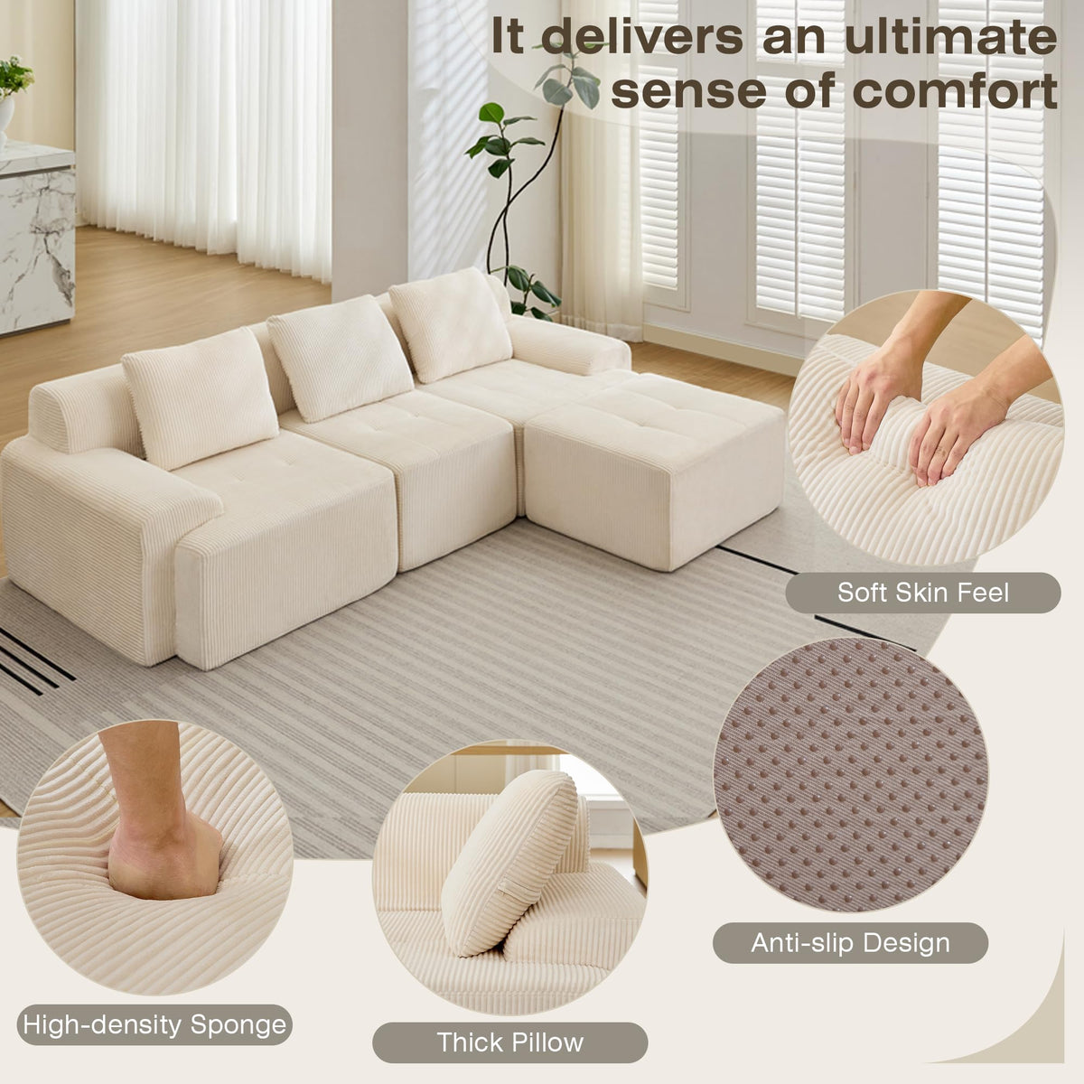 Modular Sectional Sofa, Boneless Couches for Living Room, Corduroy Couch, Big Comfy Couch, Modular Cloud Sofa with Deep Seat (Grey, 2 Pieces-Loveseat)