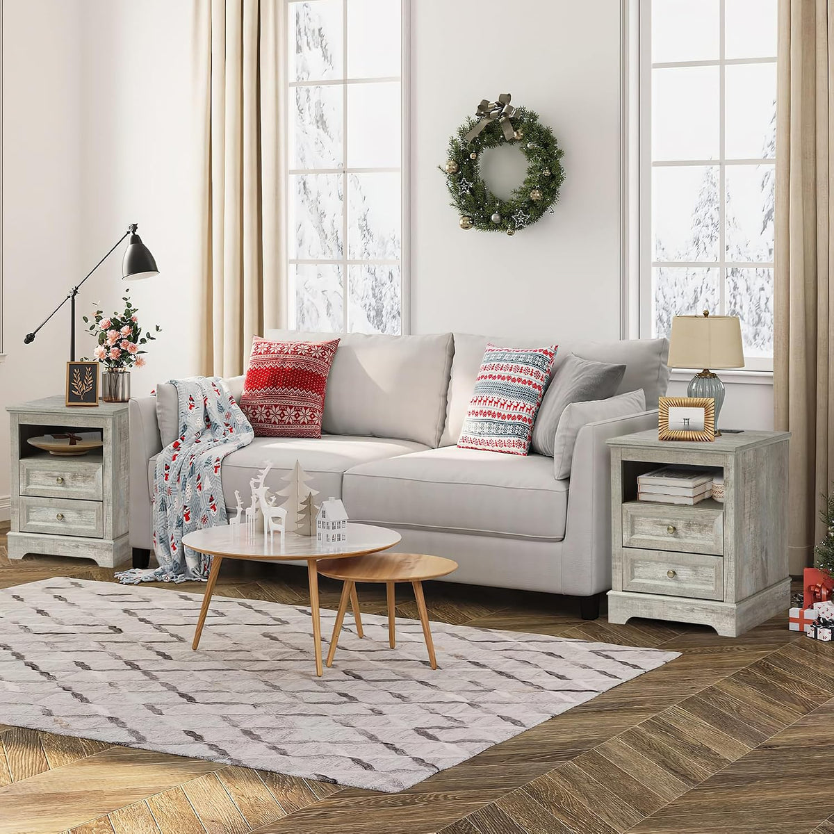 LOUVIXA Farmhouse Bedroom Sets of 3, 3Pcs Farmhouse Dresser Set, Including 5 Drawer Dressers and Nightstand Set of 2 with Charging Station (Grey Sets