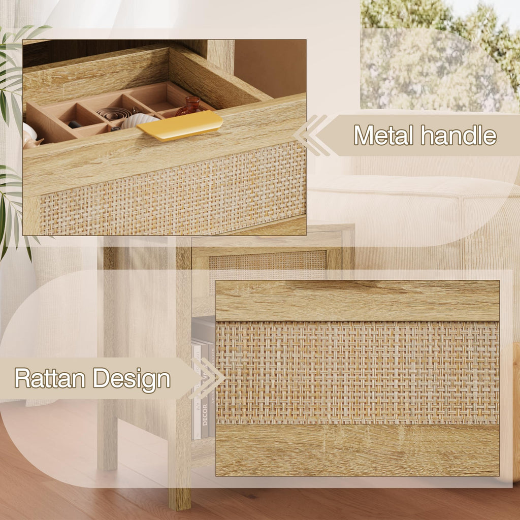 LOUVIXA Rattan Nightstand Set of 2, Boho Bed Side Tables, Nightstand with Drawer and Storage Shelf, Rattan End Tables for Living Room, Bedroom, Small Space