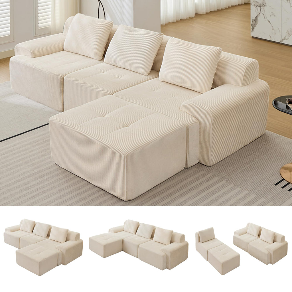 Modular Sectional Sofa, Boneless Couches for Living Room, Corduroy Couch, Big Comfy Couch, Modular Cloud Sofa with Deep Seat (Grey, 2 Pieces-Loveseat)