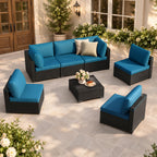 LOUVIXA 7 Piece Outdoor Patio Furniture Set, Rattan Chairs Glass Table Wicker Conversation Seating Sectional Sofa with Cushions (Brown-Camel, 7Pcs-2 Layer Coffee Table)