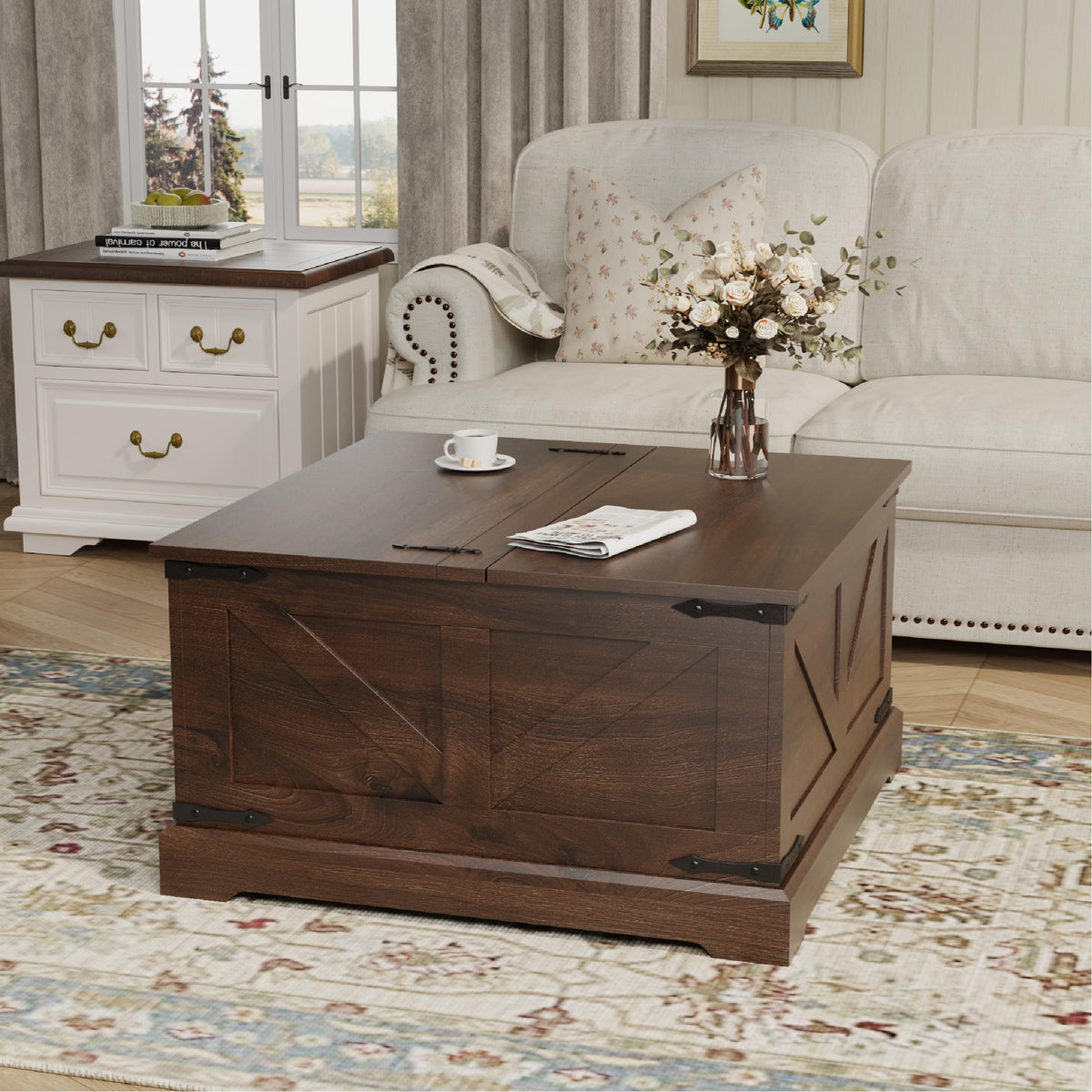 LOUVIXA Farmhouse Lift Top Coffee Table with Hidden Storage Compartment