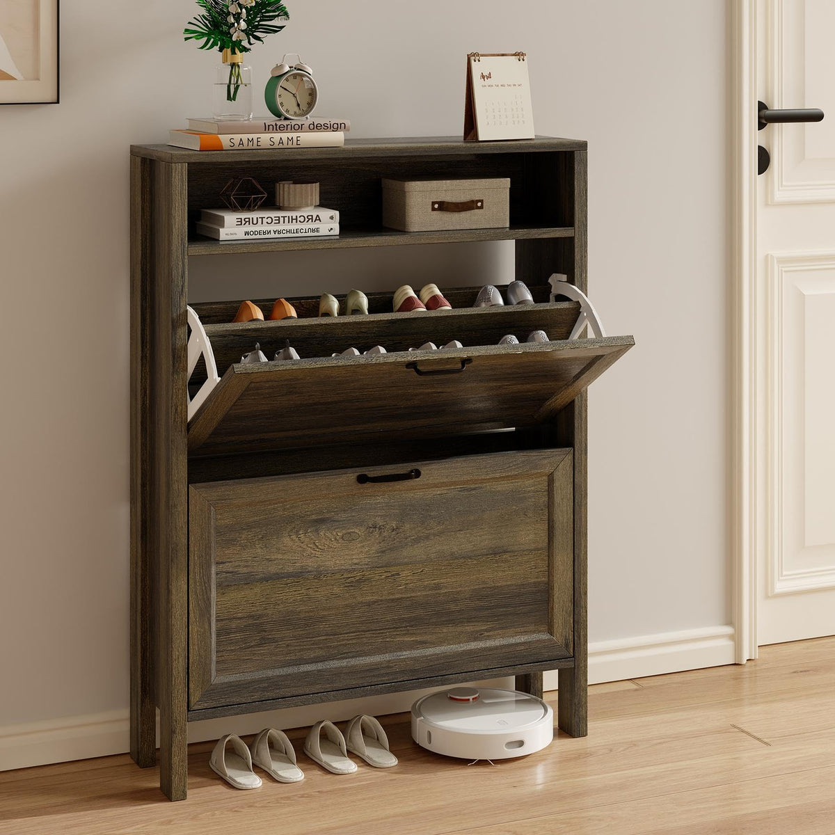 LOUVIXA Shoe Cabinet with 4 Flip Drawers, Narrow Shoe Storage Cabinet, Freestanding Shoe Cabinet Organizer, Hidden Shoe Rack Cabinet for Entryway, Hallway (4-Drawers, Brown/4-drawers)