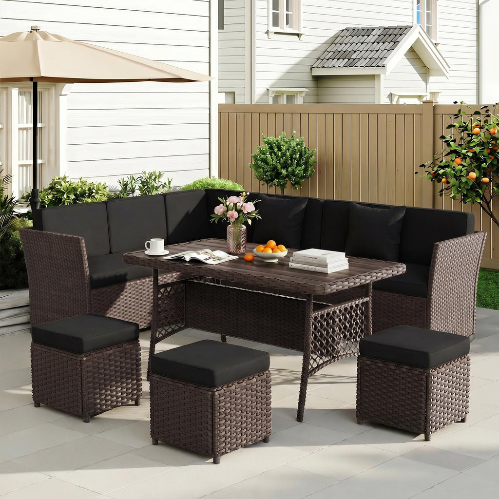 LOUVIXA 7 Pieces Patio Furniture Set, Outdoor Patio Furniture, Wicker Conversation Set with Dining Table, Chairs and Ottoman (6237 Grey-Brown)