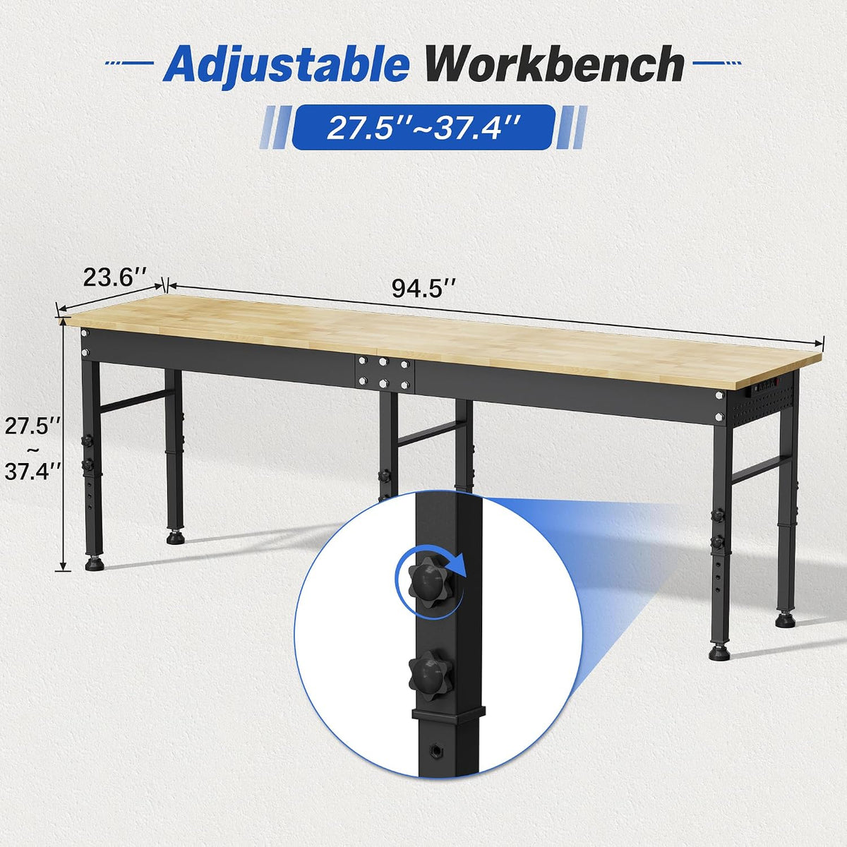 94.5" Heavy Duty Workbench, Height Adjustable Garage Work Table, Workstation Desk with Power Strip2, Workbench with Pegboard, 2000LBS Max Load