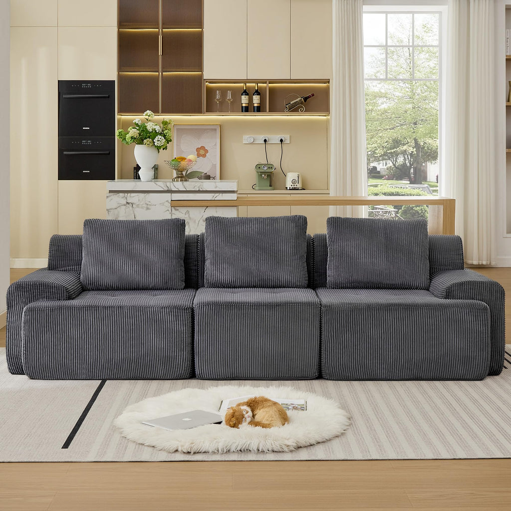 Modular Sectional Sofa, Boneless Couches for Living Room, Corduroy Couch, Big Comfy Couch, Modular Cloud Sofa with Deep Seat (Grey, 2 Pieces-Loveseat)