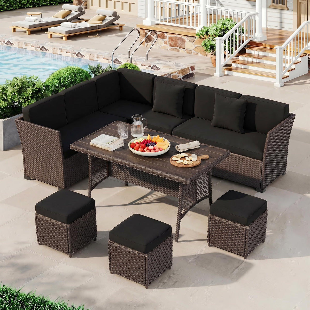 LOUVIXA 7 Pieces Patio Furniture Set, Outdoor Patio Furniture, Wicker Conversation Set with Dining Table, Chairs and Ottoman (6237 Grey-Brown)