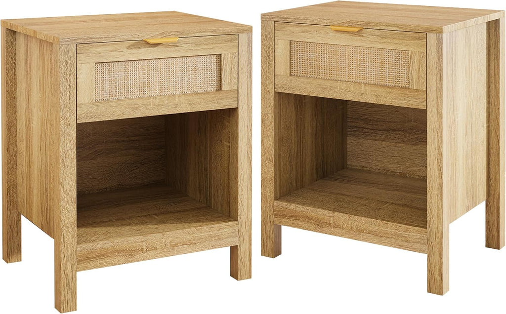 LOUVIXA Rattan Nightstand Set of 2, Boho Bed Side Tables, Nightstand with Drawer and Storage Shelf, Rattan End Tables for Living Room, Bedroom, Small Space