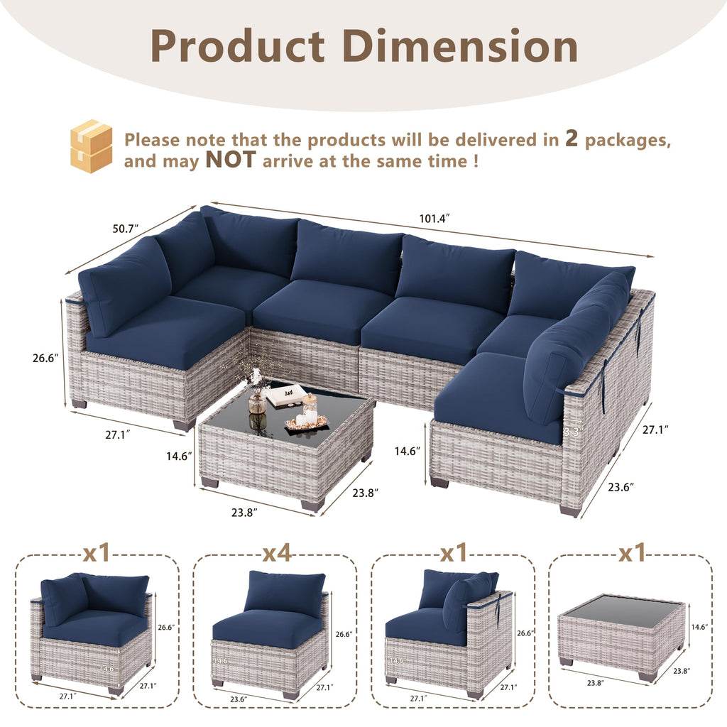 LOUVIXA 7 Piece Outdoor Patio Furniture Set, Rattan Chairs Glass Table Wicker Conversation Seating Sectional Sofa with Cushions (Brown-Camel, 7Pcs-2 Layer Coffee Table)