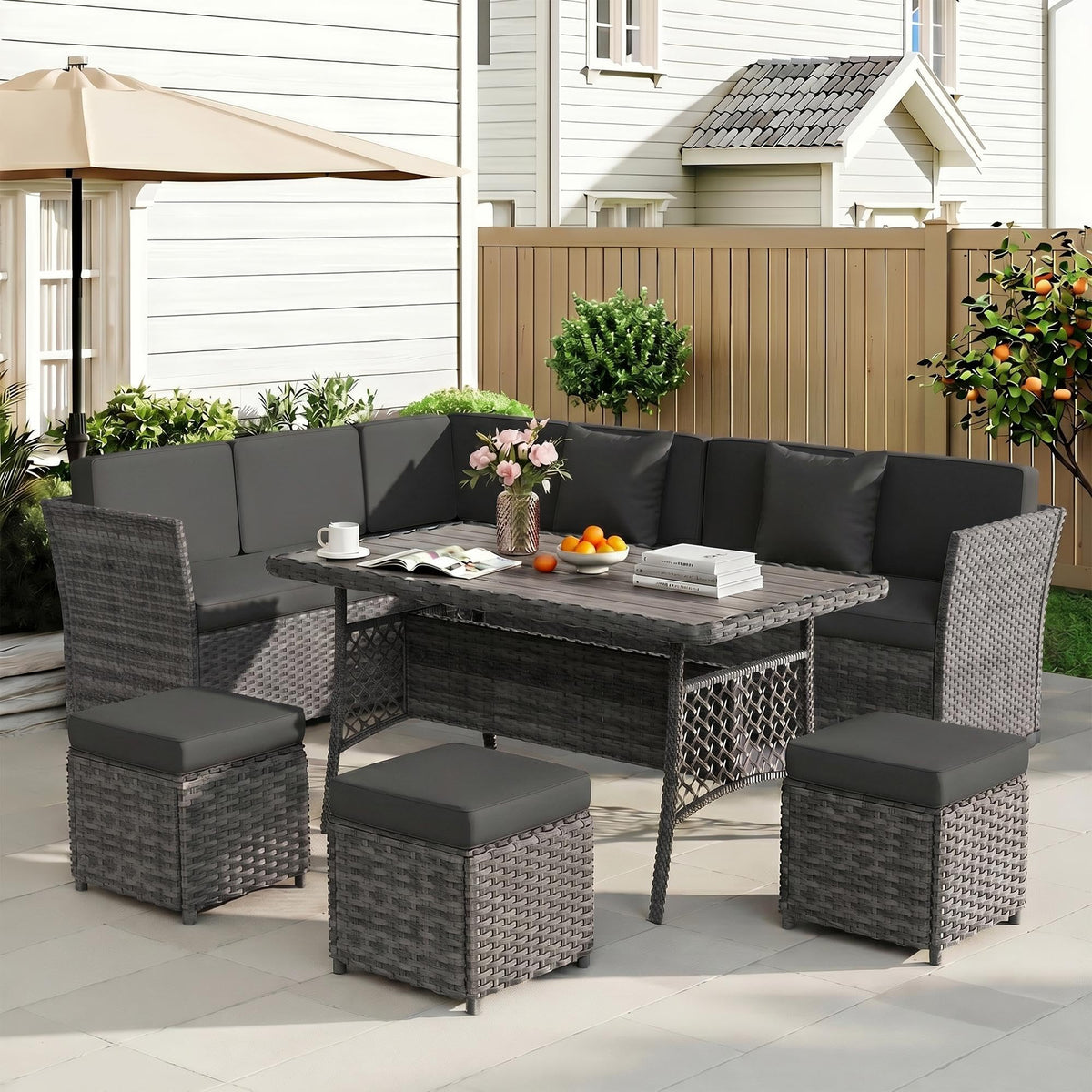LOUVIXA 7 Pieces Patio Furniture Set, Outdoor Patio Furniture, Wicker Conversation Set with Dining Table, Chairs and Ottoman (6237 Grey-Brown)