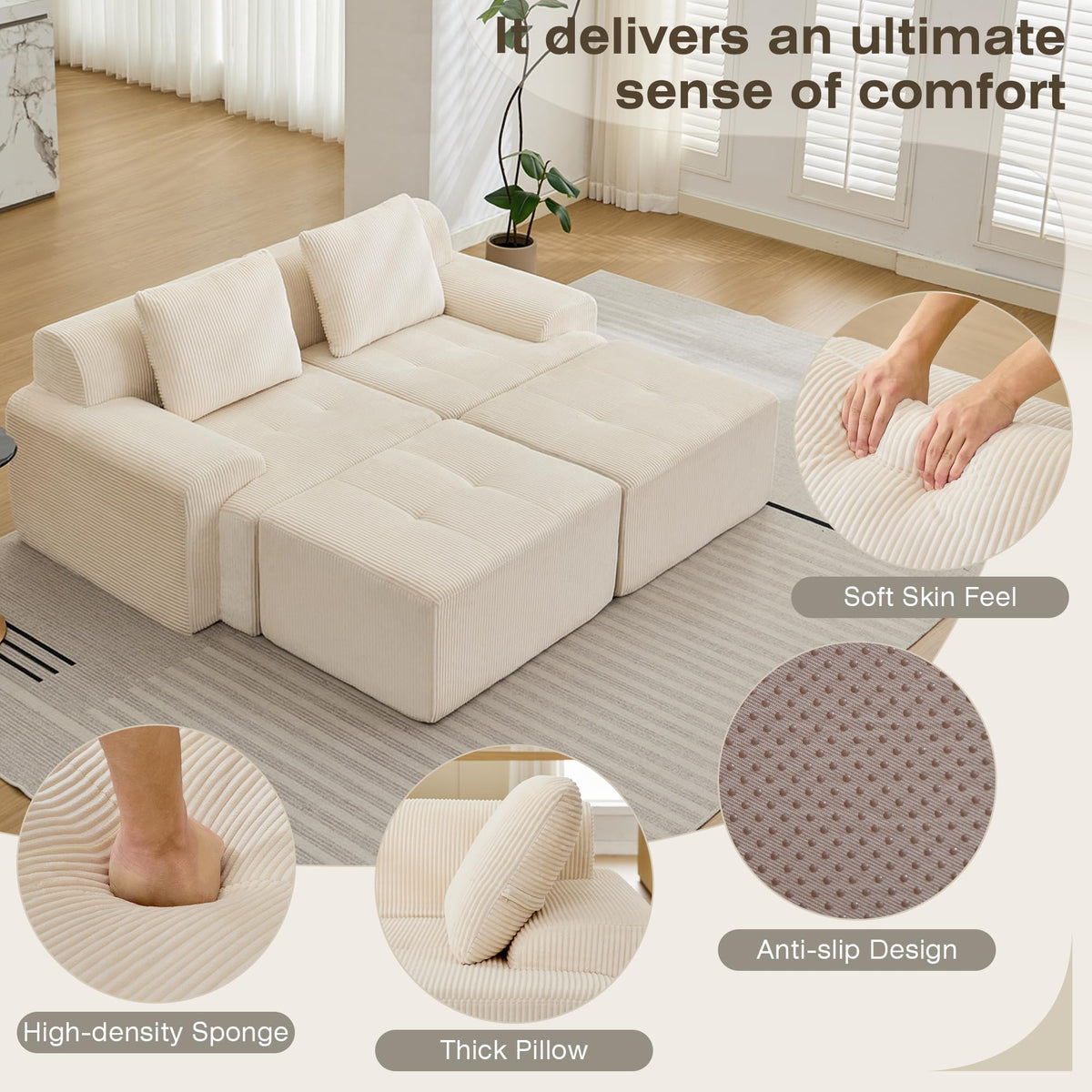 Modular Sectional Sofa, Boneless Couches for Living Room, Corduroy Couch, Big Comfy Couch, Modular Cloud Sofa with Deep Seat (Grey, 2 Pieces-Loveseat)