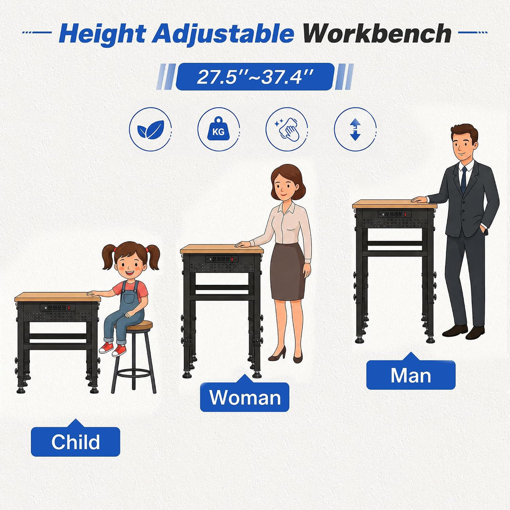 94.5" Heavy Duty Workbench, Height Adjustable Garage Work Table, Workstation Desk with Power Strip2, Workbench with Pegboard, 2000LBS Max Load