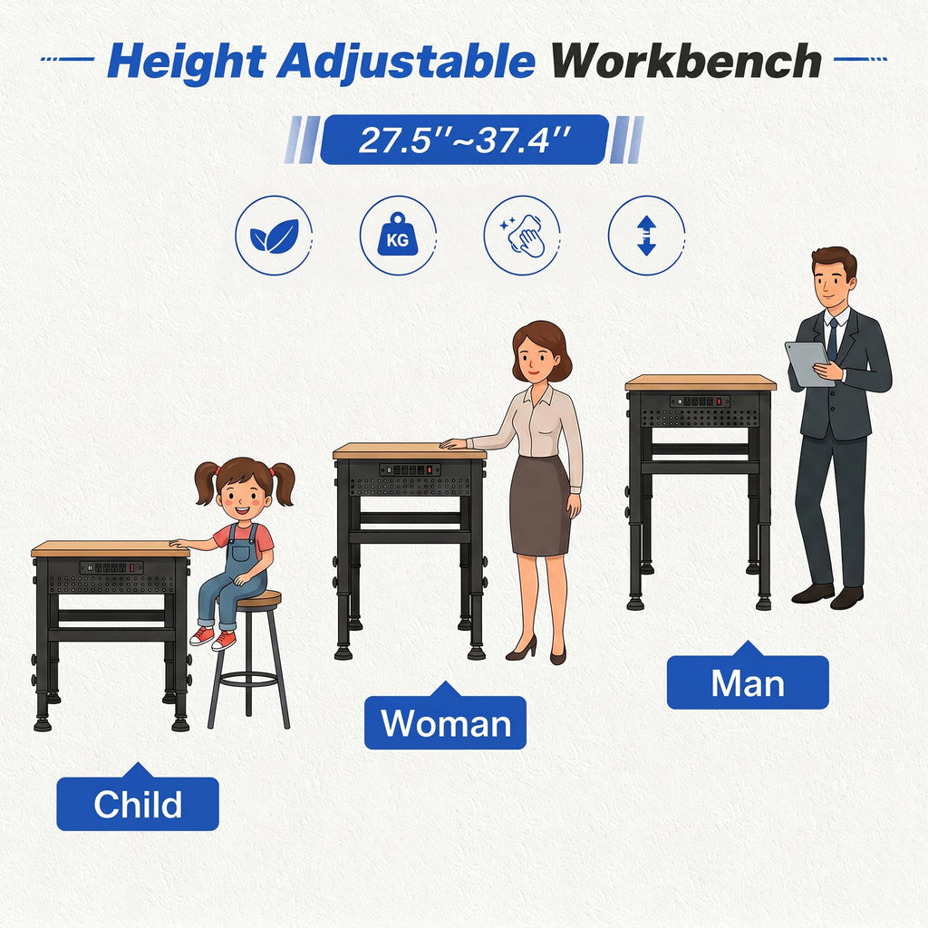 94.5" Heavy Duty Workbench, Height Adjustable Garage Work Table, Workstation Desk with Power Strip2, Workbench with Pegboard, 2000LBS Max Load