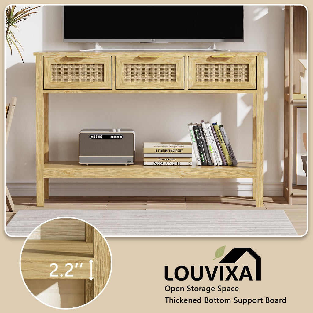 LOUVIXA Boho Entryway Table, Rattan Console Table, Wood Entryway Console, Long Hallway Table with 3 Drawers & Open Shelf for Living Room, Hallway, Corridor, Foyer (White)