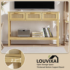 LOUVIXA Boho Entryway Table, Rattan Console Table, Wood Entryway Console, Long Hallway Table with 3 Drawers & Open Shelf for Living Room, Hallway, Corridor, Foyer (White)