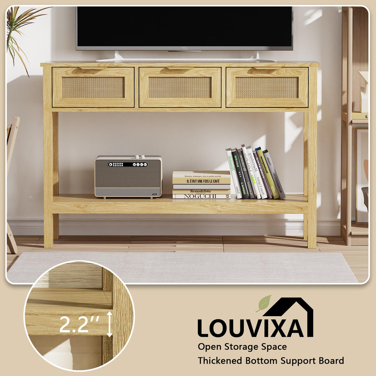 LOUVIXA Boho Entryway Table, Rattan Console Table, Wood Entryway Console, Long Hallway Table with 3 Drawers & Open Shelf for Living Room, Hallway, Corridor, Foyer (White)