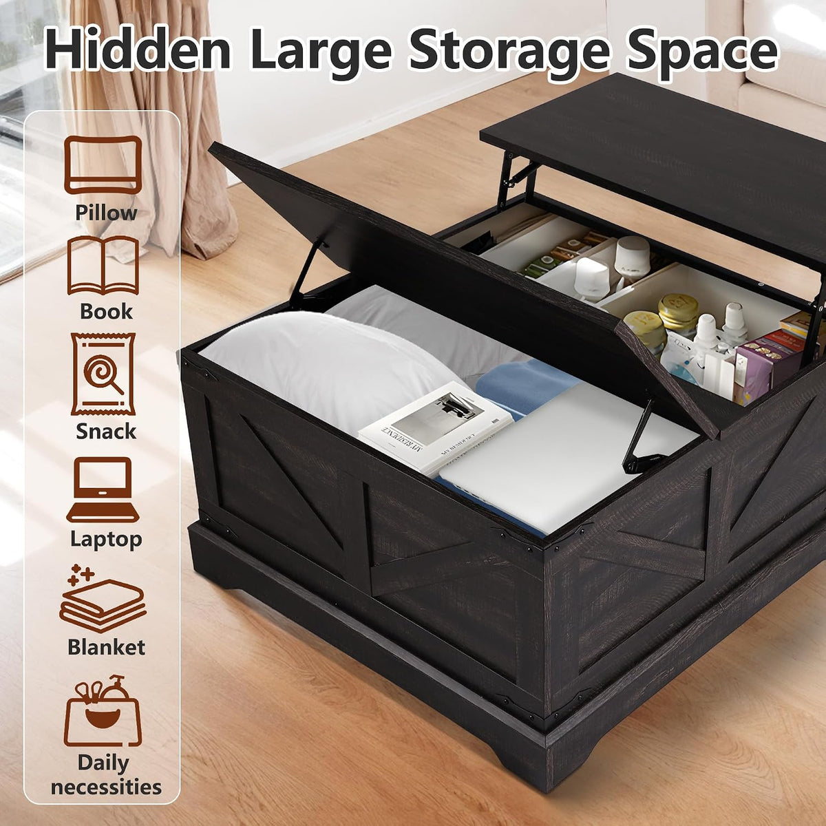 LOUVIXA Farmhouse Lift Top Coffee Table with Hidden Storage Compartment
