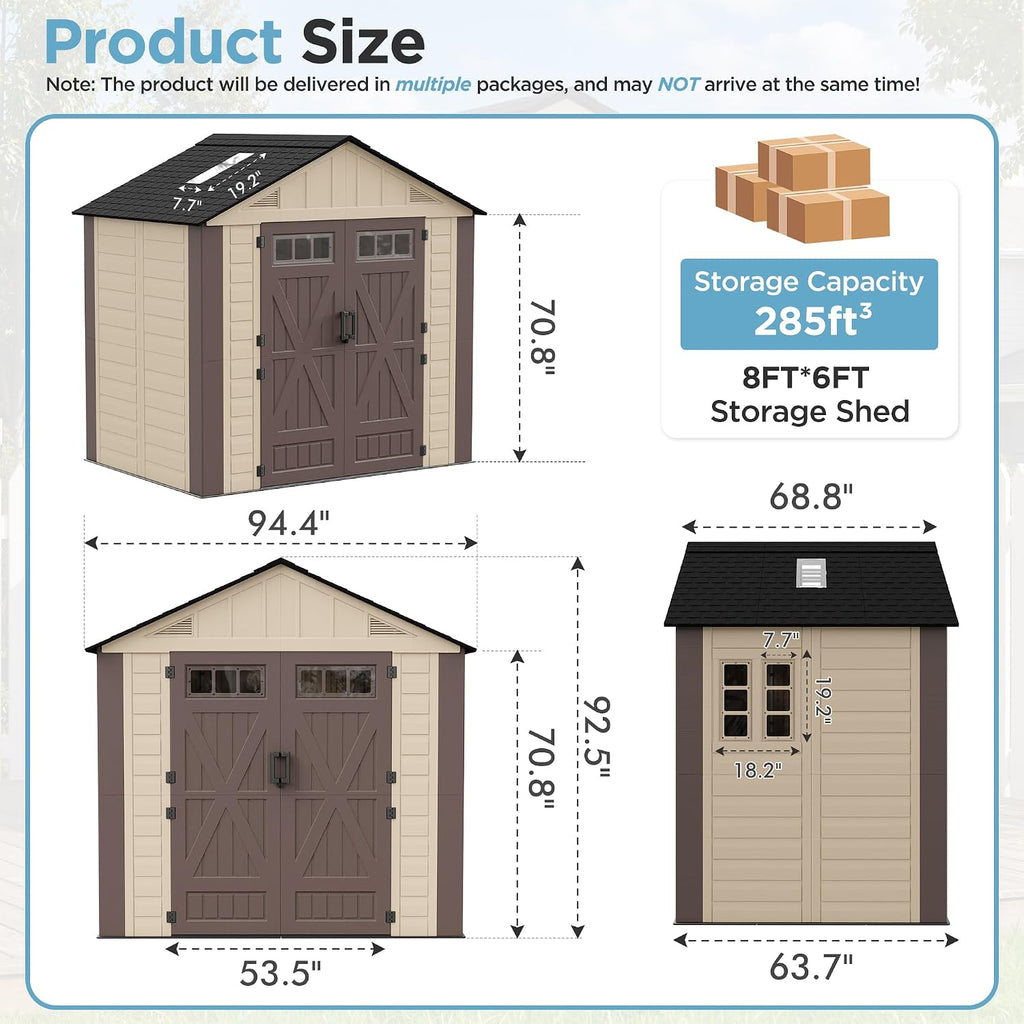 8x6 Resin Shed with Floor, Plastic Storage Shed with Window, Outside Storage Sheds with Lockable Door, Vents for Backyard, Garden, Lawn (8FTx6FT)