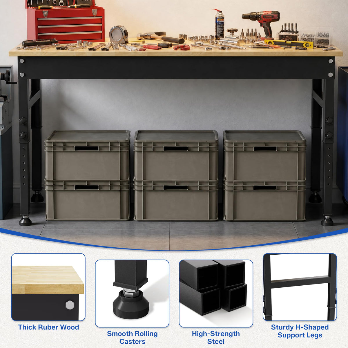94.5" Heavy Duty Workbench, Height Adjustable Garage Work Table, Workstation Desk with Power Strip2, Workbench with Pegboard, 2000LBS Max Load