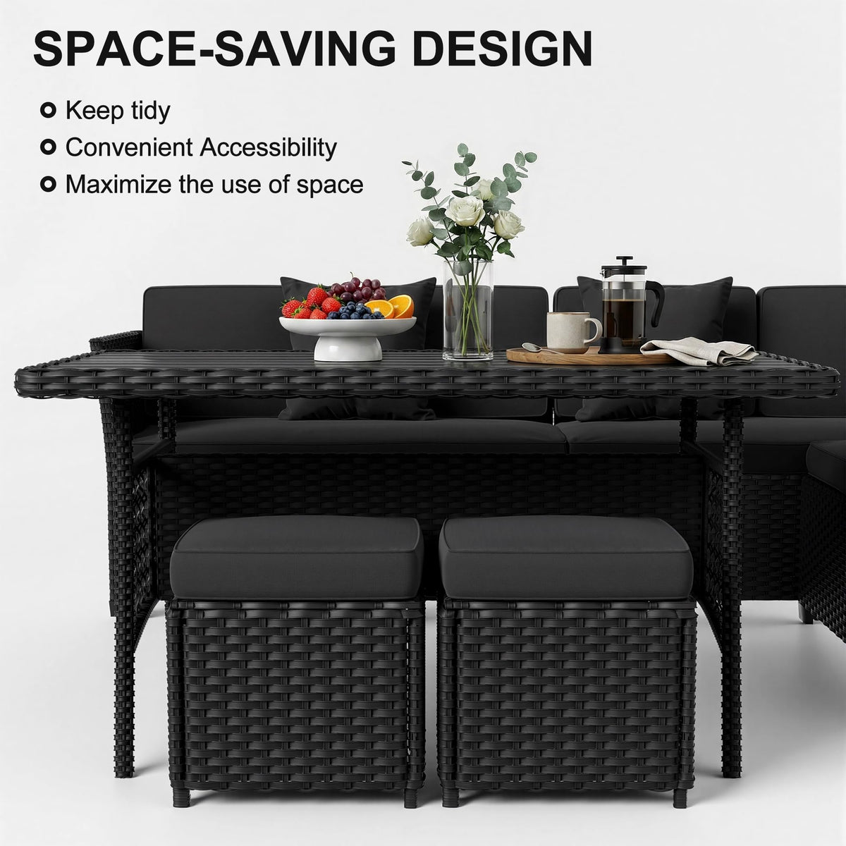 LOUVIXA 7 Pieces Patio Furniture Set, Outdoor Patio Furniture, Wicker Conversation Set with Dining Table, Chairs and Ottoman (6237 Grey-Brown)