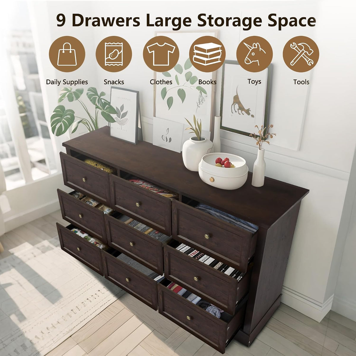 LOUVIXA Farmhouse Bedroom Sets of 3, Including 9 Drawer Dresser, Nightstand Set of 2 with Charging Station (Brown Sets, 3 Pieces-9 Drawer Dresser+2 Nightstand)
