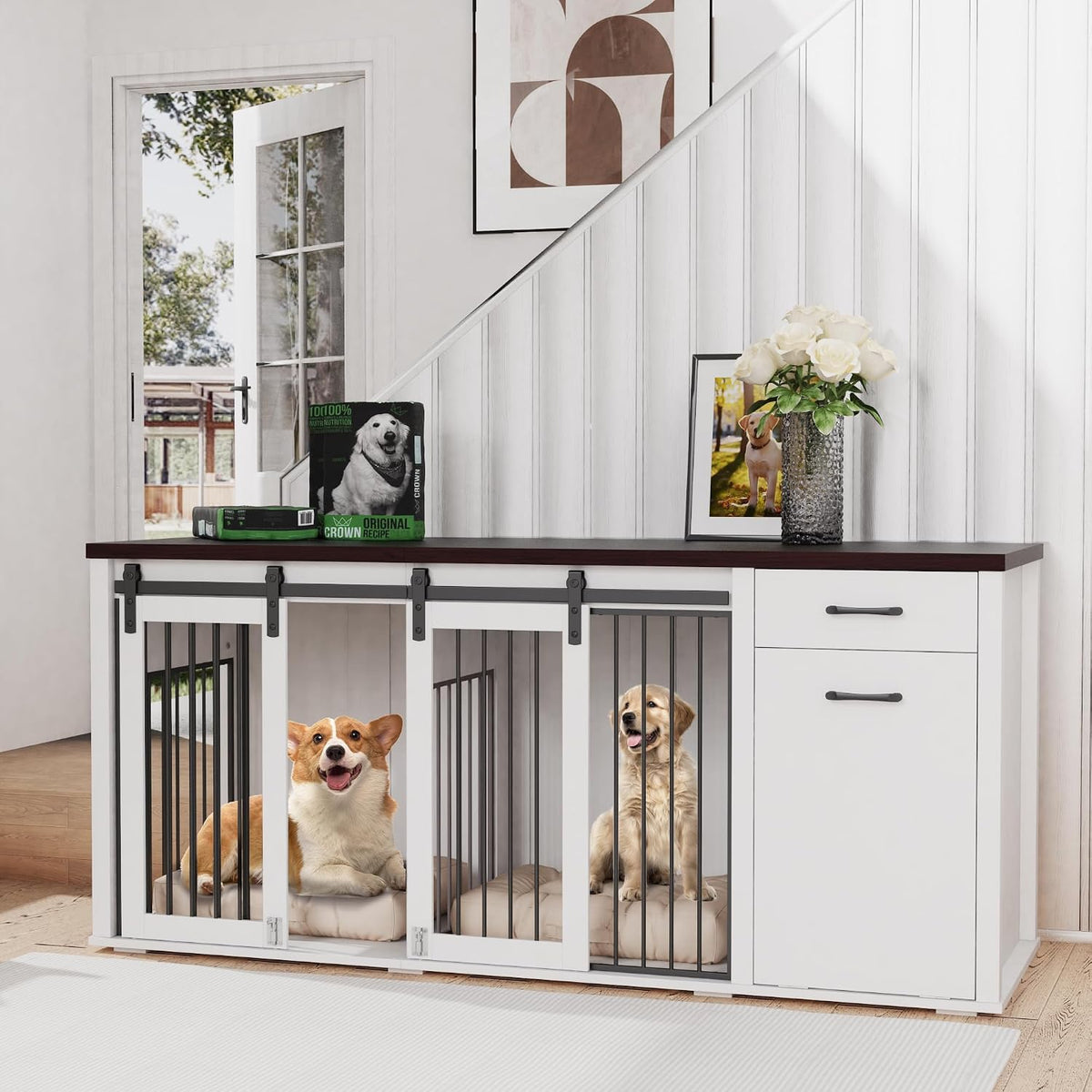 71" Large Dog Crate Furniture for 2 Dogs, Wooden Dog Kennel with Drawer, Furniture Style Dog Crates, Decorative Dog Crate with Tilt Out Trash Cabinet, Divider and Sliding Barn Door (White)