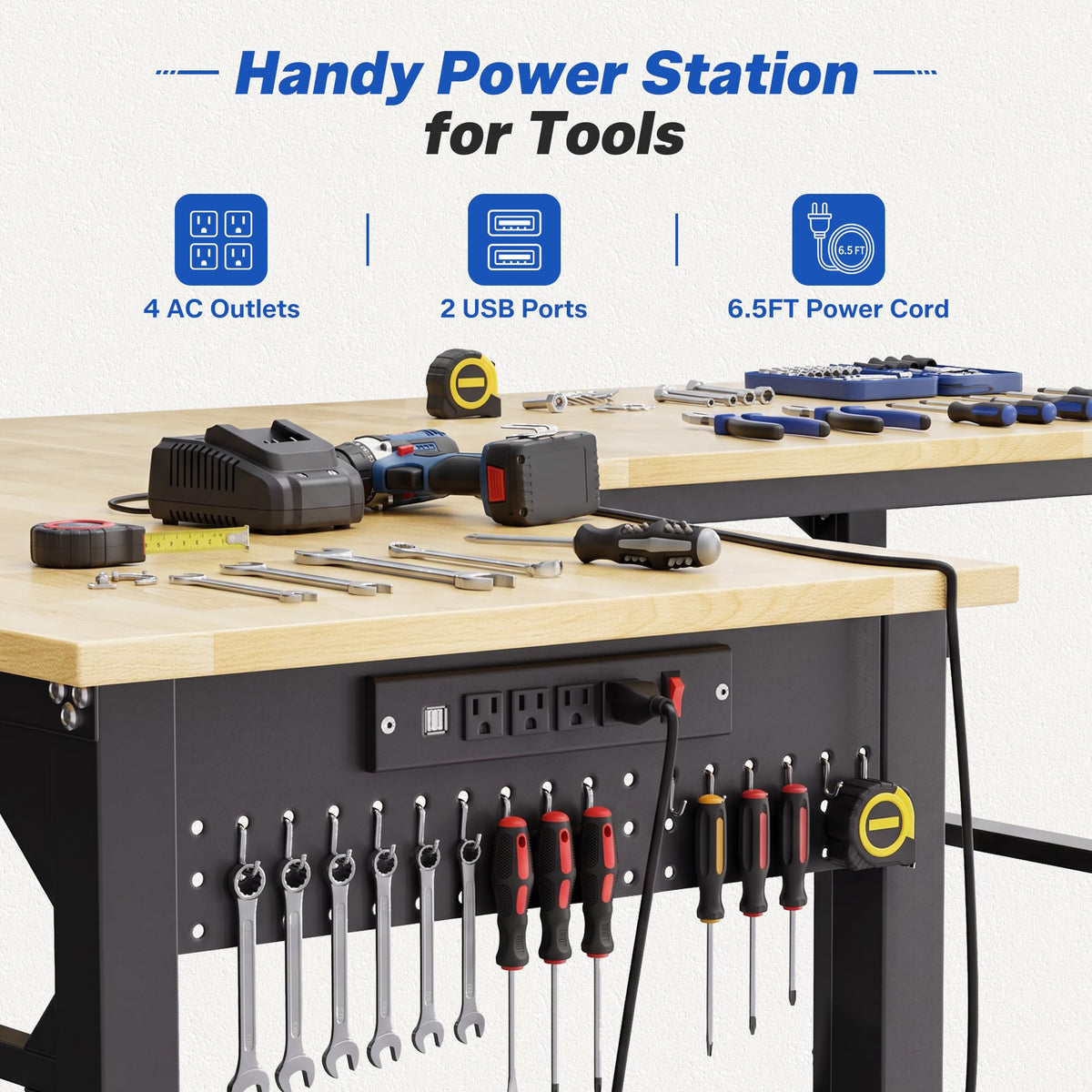 94.5" Heavy Duty Workbench, Height Adjustable Garage Work Table, Workstation Desk with Power Strip2, Workbench with Pegboard, 2000LBS Max Load
