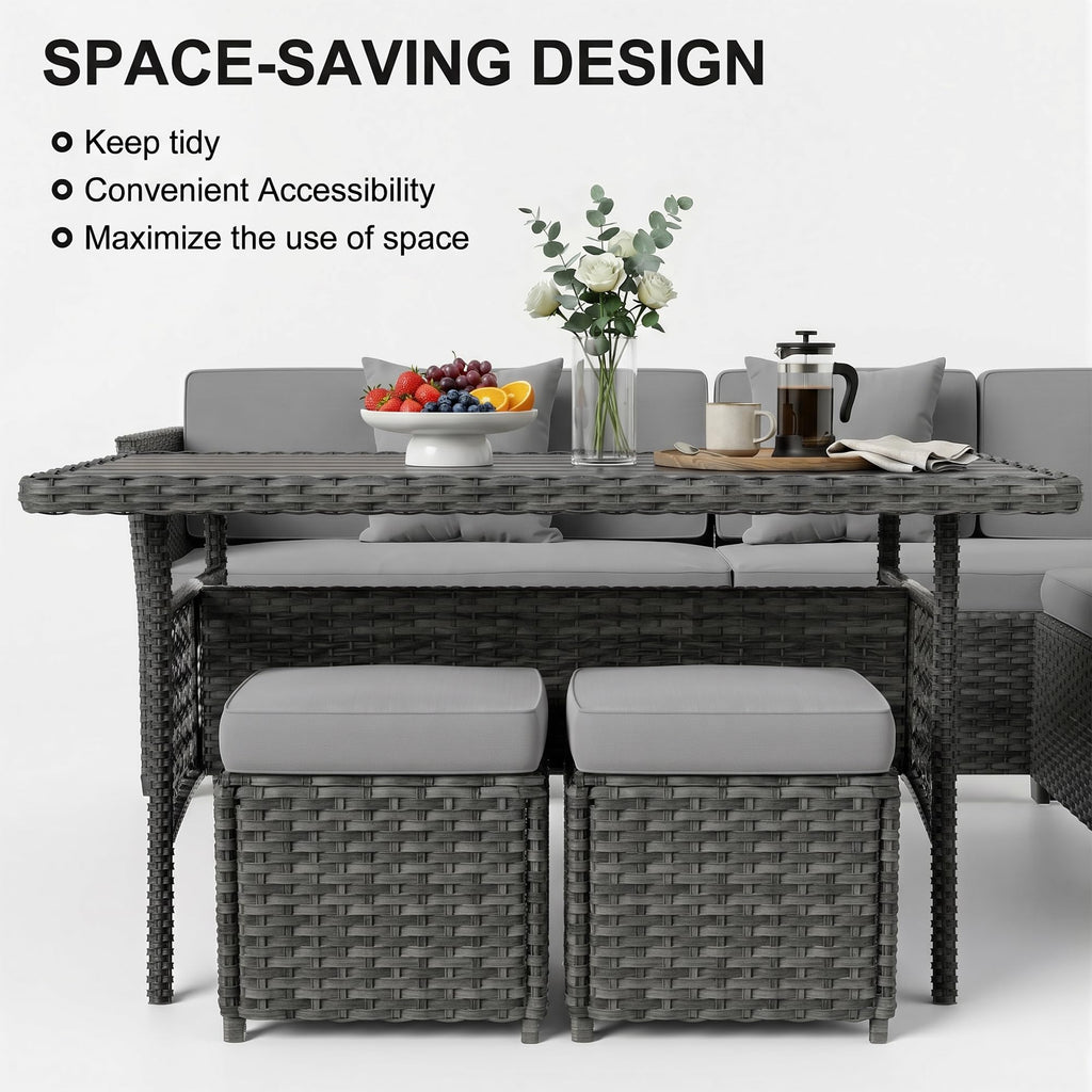LOUVIXA 7 Pieces Patio Furniture Set, Outdoor Patio Furniture, Wicker Conversation Set with Dining Table, Chairs and Ottoman (6237 Grey-Brown)
