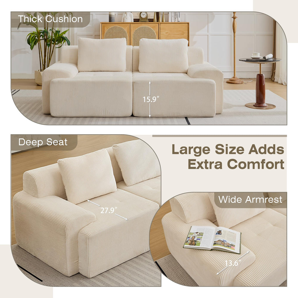 Modular Sectional Sofa, Boneless Couches for Living Room, Corduroy Couch, Big Comfy Couch, Modular Cloud Sofa with Deep Seat (Grey, 2 Pieces-Loveseat)